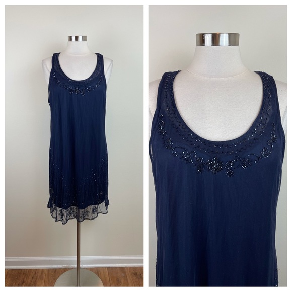 American Eagle Outfitters Dresses & Skirts - American Eagle Outfitters Navy Blue Beaded Sheer Floral Dress Women XL